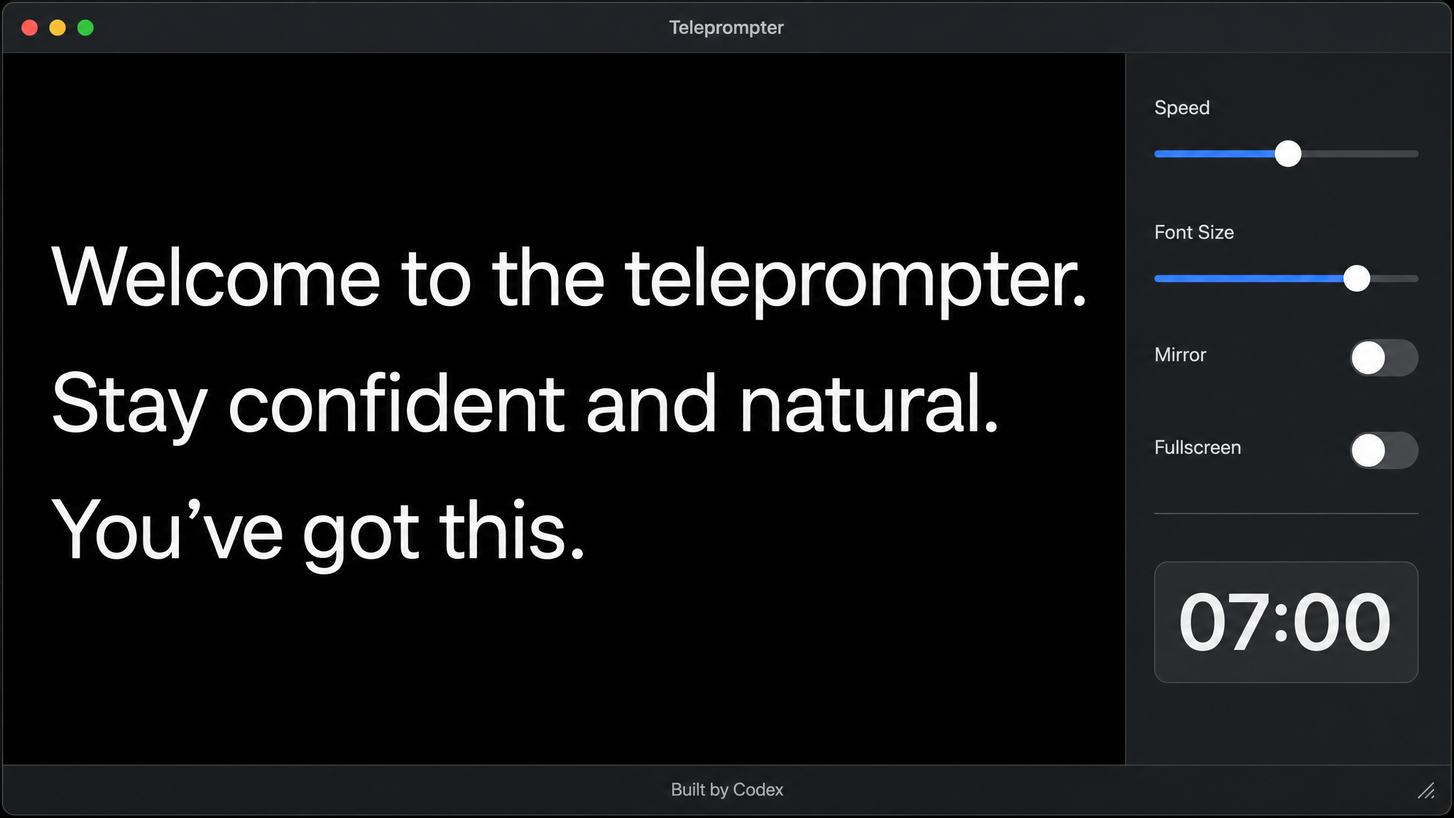 Minimal Mac teleprompter app interface with script controls and a seven minute build timer