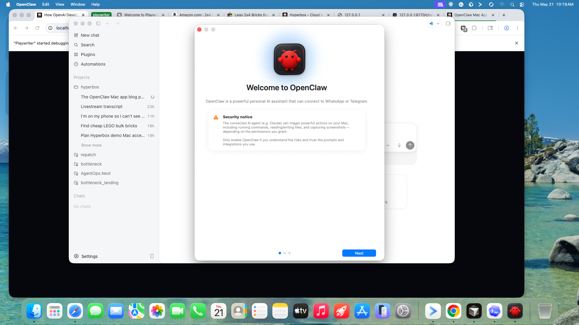 OpenClaw Mac app welcome screen describing the local helper, remote Gateway, and security notice