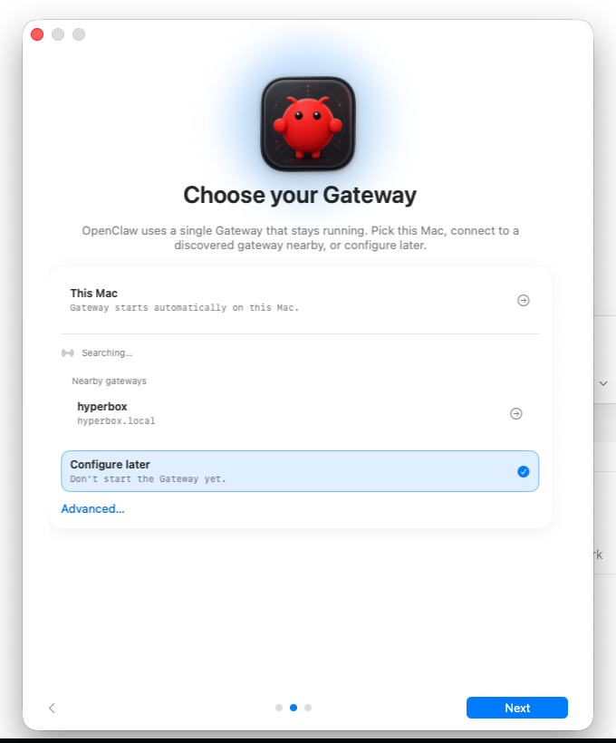OpenClaw Mac app Gateway chooser showing Local and Nearby options with hyperbox.local