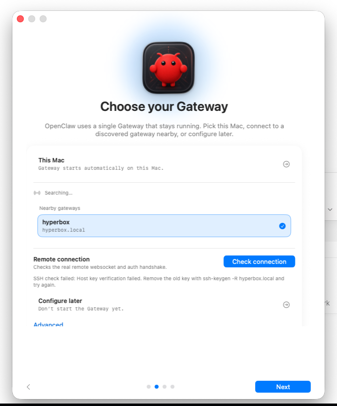 OpenClaw Mac app remote connection check showing an SSH host key verification failure