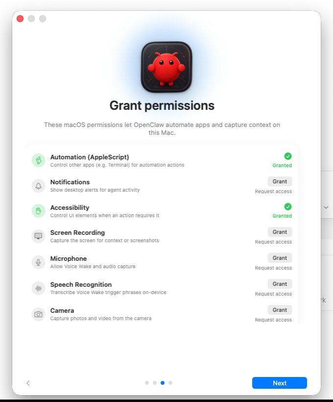 OpenClaw Mac app permissions screen showing Automation and Accessibility granted with other permission request buttons