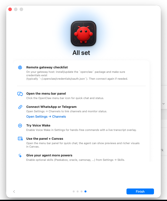 OpenClaw Mac app all set summary with remote Gateway, menu bar panel, channels, Voice Wake, Canvas, and skills checklist