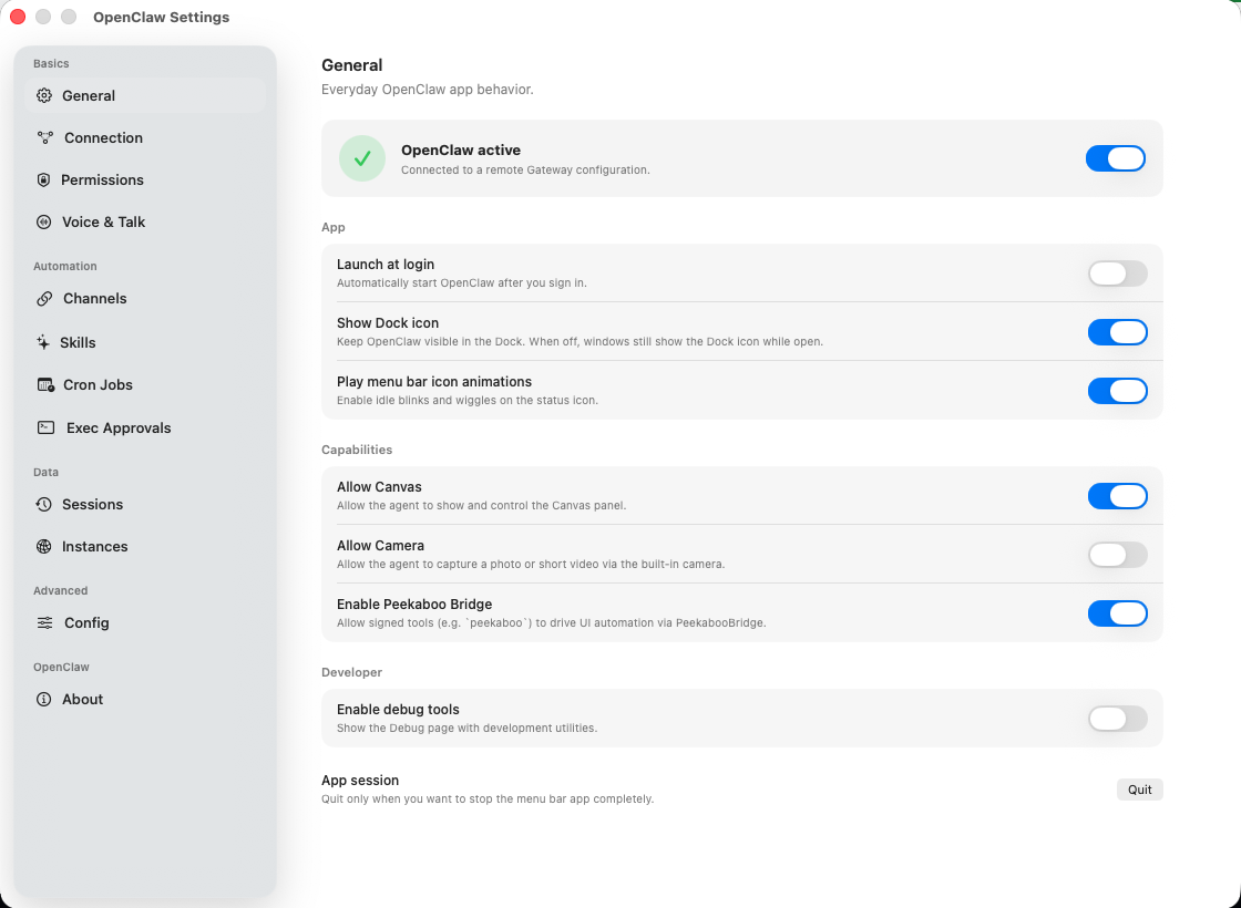 OpenClaw settings General pane showing active status, launch at login, Dock icon, Canvas, Camera, Peekaboo Bridge, debug tools, and Quit