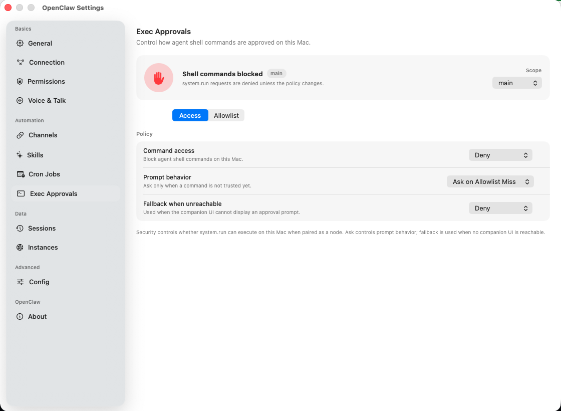 OpenClaw settings Exec Approvals pane