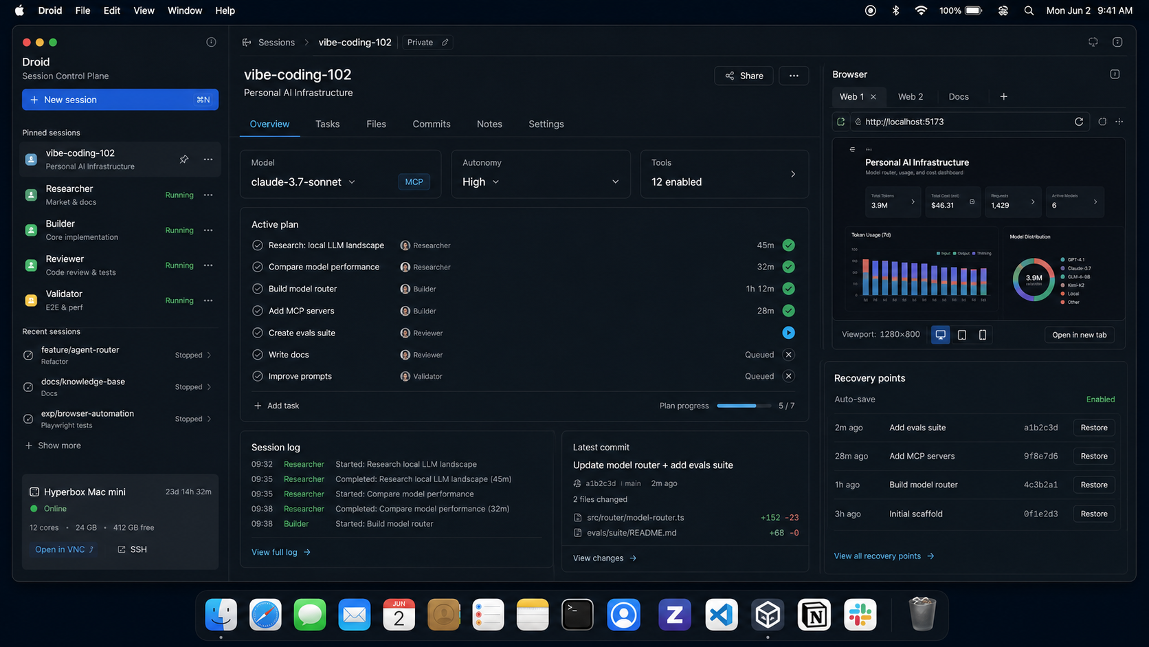 Desktop control plane screenshot with pinned AI coding sessions, project list, browser pane, task checklist, and model picker