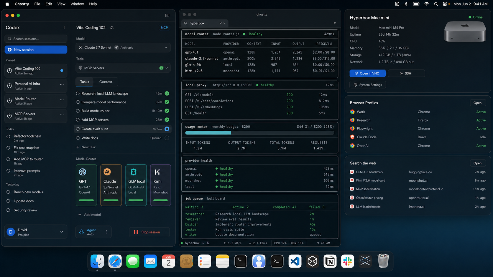 Clean Mac-style dashboard for personal AI infrastructure with model router, agent sessions, token budget, and Mac mini online status