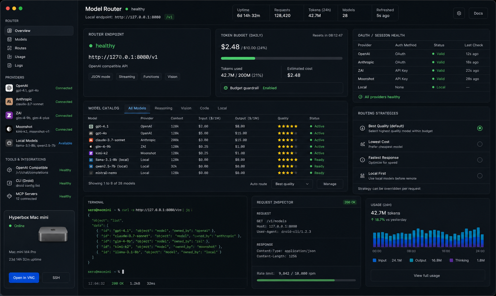 Local model router screenshot showing providers, a healthy v1 models endpoint, token budget, model catalog, and active jobs