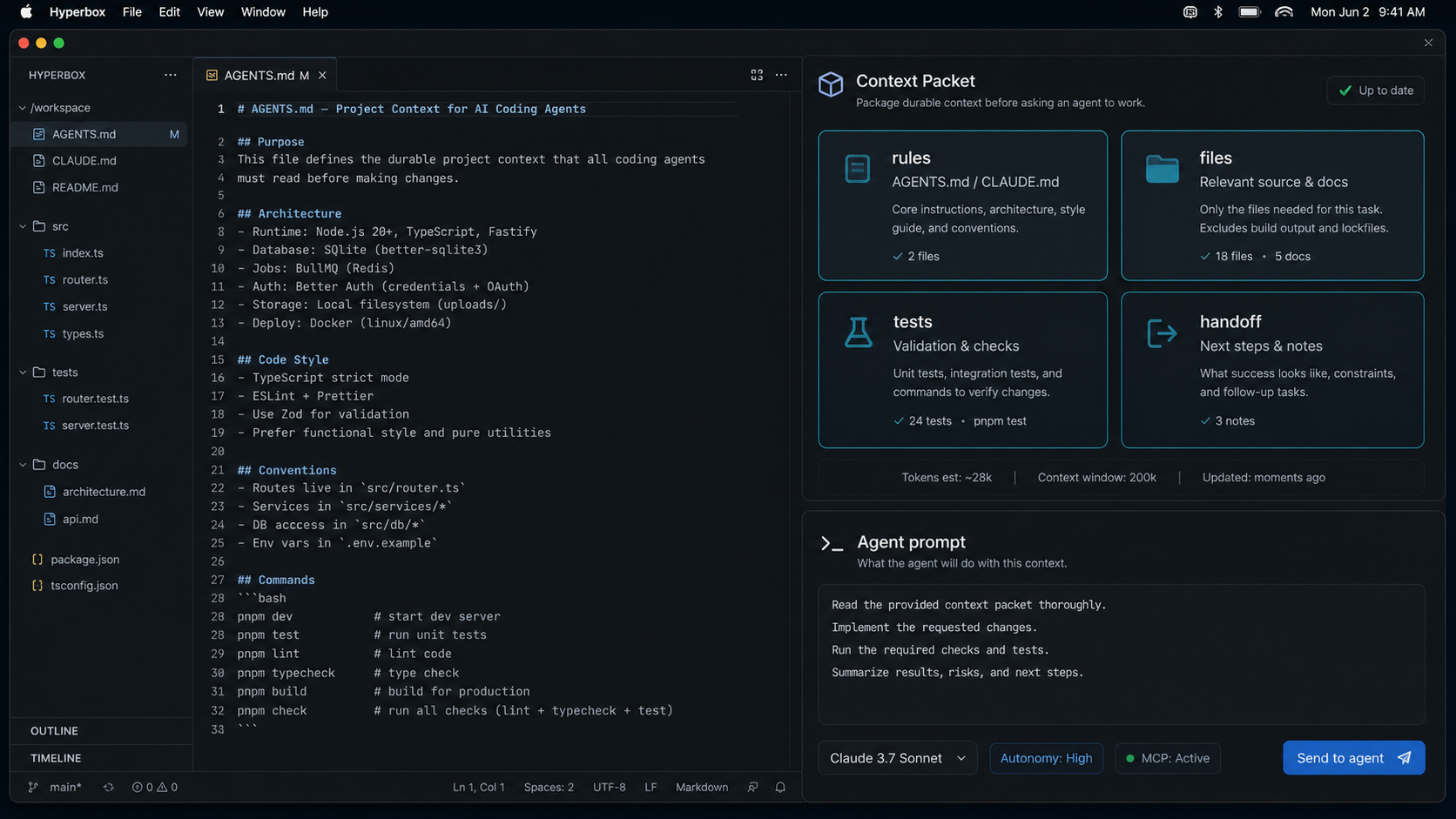 Clean Mac dashboard showing a bounded context packet with rules, files, tests, and handoff signals