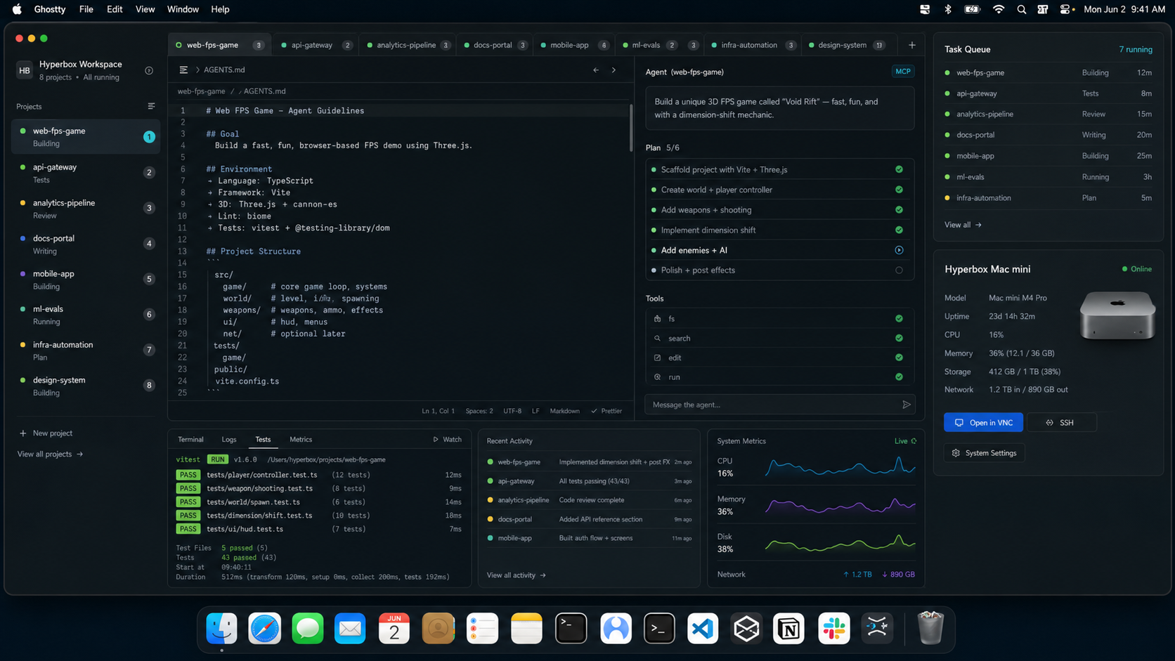 Mac desktop with Zed project tabs, Codex and Claude Code panes, terminal output, AGENTS.md, JSON DB, and Hyperbox Mac mini status