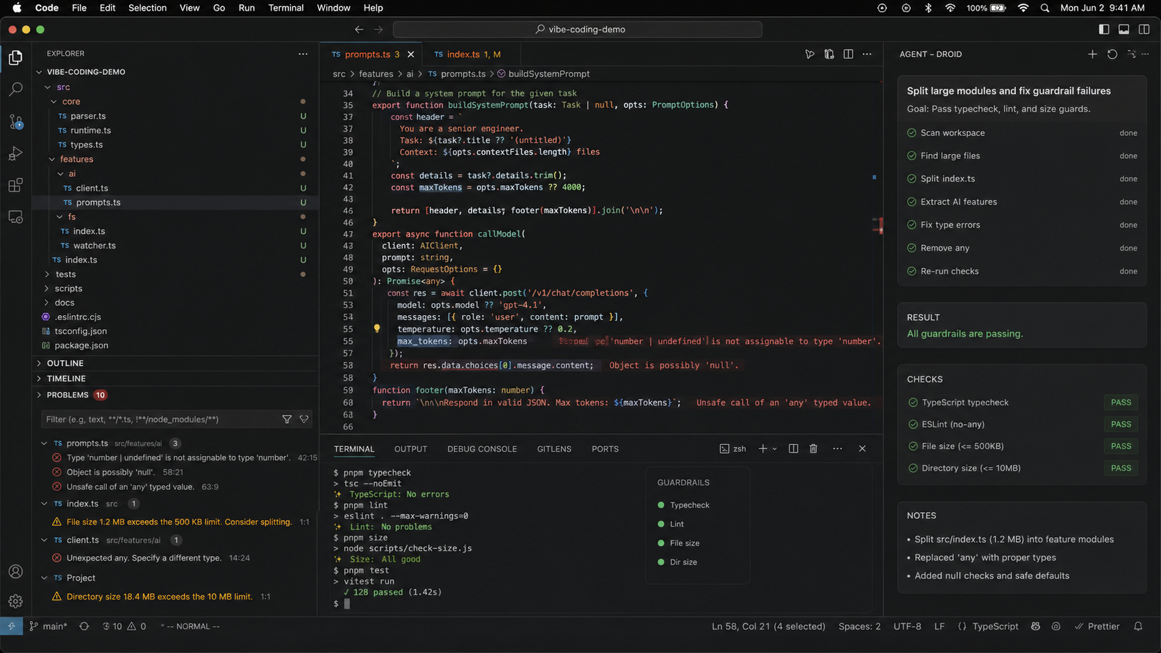 Clean developer dashboard showing LSP guardrails for no-any rules, file limits, typed APIs, and passing checks