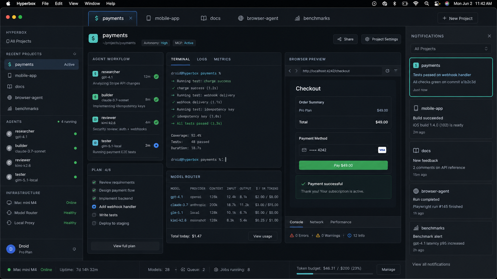Clean workspace dashboard showing several project tabs with one active AI coding session, tests, and browser preview