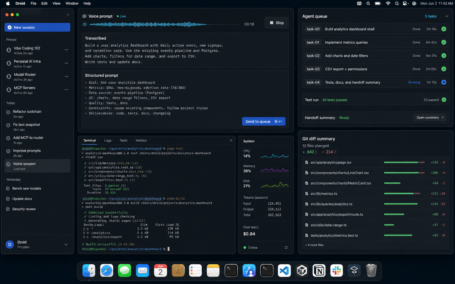 Mac desktop screenshot with project tabs, Superwhisper voice dictation, Codex work-pack queue, git diff summary, and test output